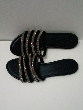 Soda Black Rhinestone Strappy Sandals